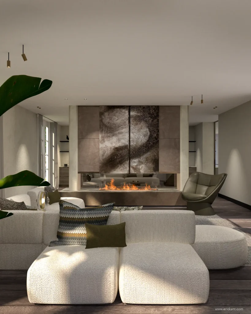 High-end woonkamerinterieur van project Luxury Al Fresco met een kamerhoge doorkijkhaard, spectaculaire marmeren panelen, een witte bouclé modulaire bank en donkere houten vloer door ERIC KANT.