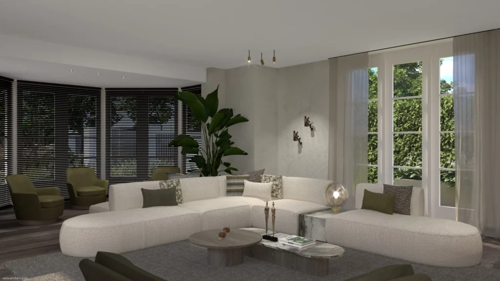 High-end woonkamerinterieur van project Luxury Al Fresco met een grote witte bouclé hoekbank, mosgroene fauteuils, een marmeren salontafel, grote raampartijen en subtiele kunst door ERIC KANT.