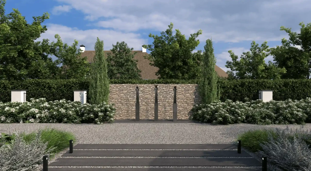 High-end tuinontwerp van project Luxury Al Fresco met een grindpad, stenen staptegels, een robuuste natuurstenen wand met drie sculpturen en weelderige beplanting door ERIC KANT.