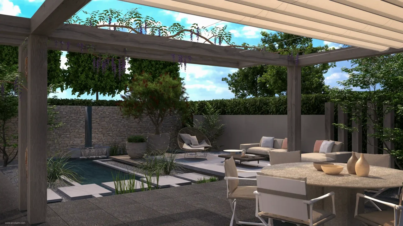 High-end tuinontwerp van project Luxury Al Fresco met een robuuste houten pergola, uitschuifbaar textiel dak, natuurstenen eettafel, zithoek en zicht op het zwembad met waterval door ERIC KANT.