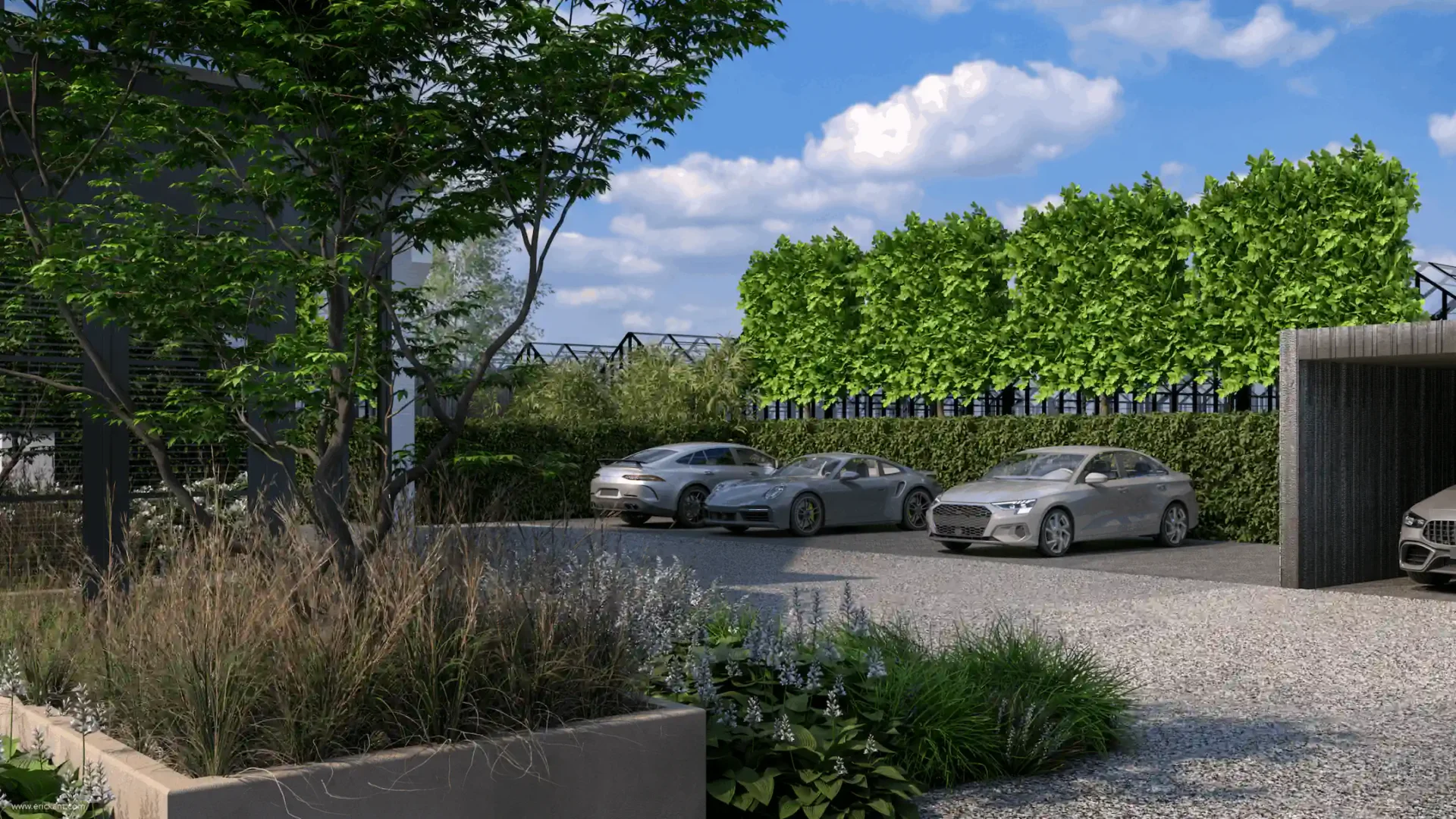 High-end tuinontwerp van project Luxury Al Fresco met een grindoprit, luxe auto's, strakke hagen, karakteristieke leibomen en moderne plantenbakken door ERIC KANT.