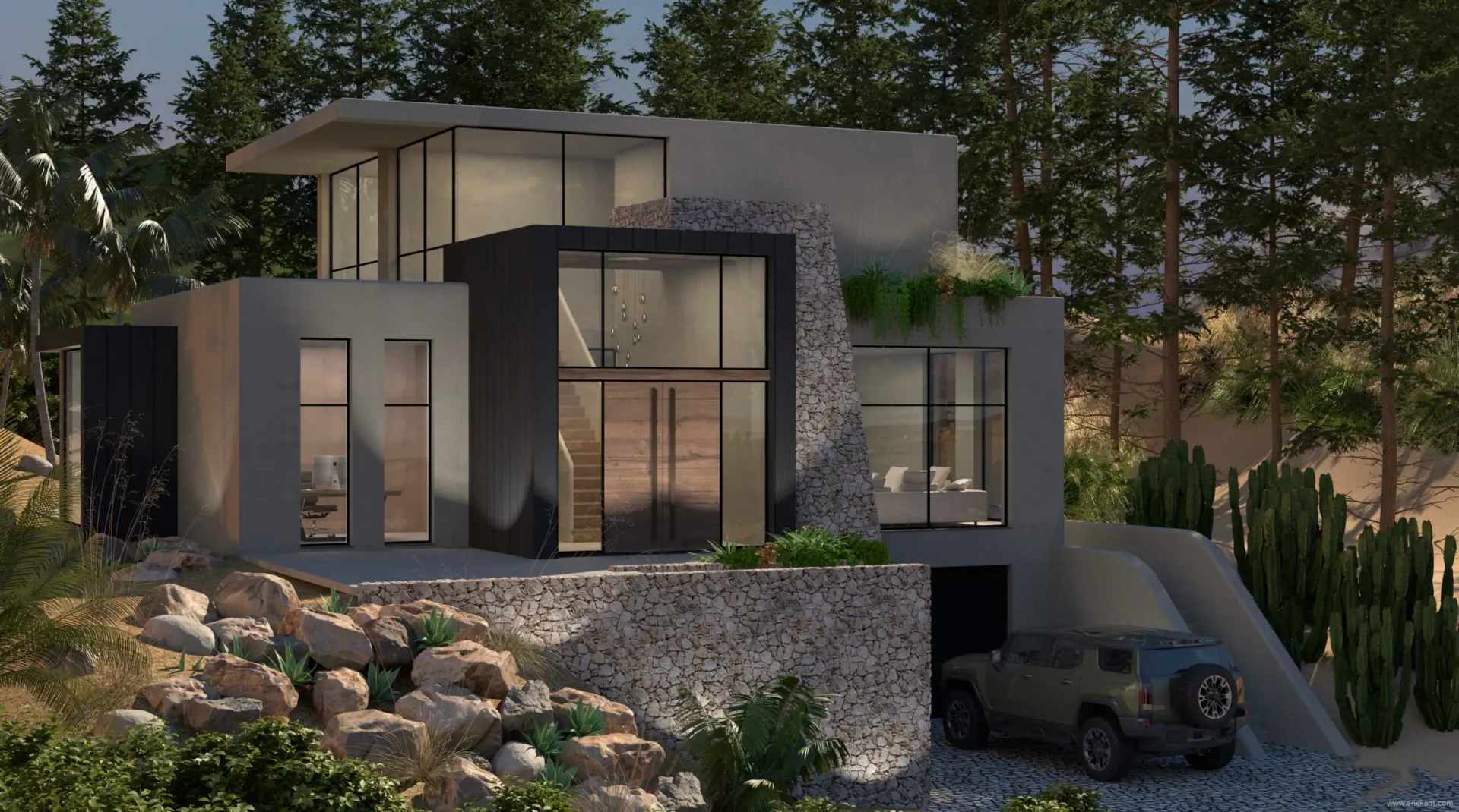 High-end architectuur van Hillside Residence met een combinatie van natuurstenen muren, grote glaspartijen, houten entree en een geïntegreerde garage door ERIC KANT.