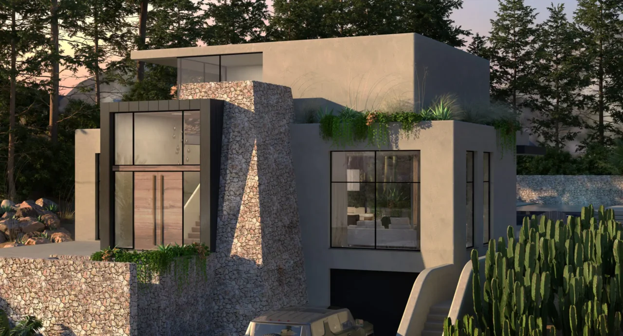 Close-up van de moderne gevel van Hillside Residence met robuuste natuursteen, strak stucwerk, een houten entree en weelderige daktuin door ERIC KANT.