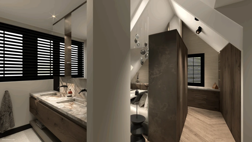 High-end badkamerinterieur van project Hillside Residence met een wit vrijstaand bad, robuust houten balkenplafond, sfeervolle hanglampen en grote kamerplanten door ERIC KANT.