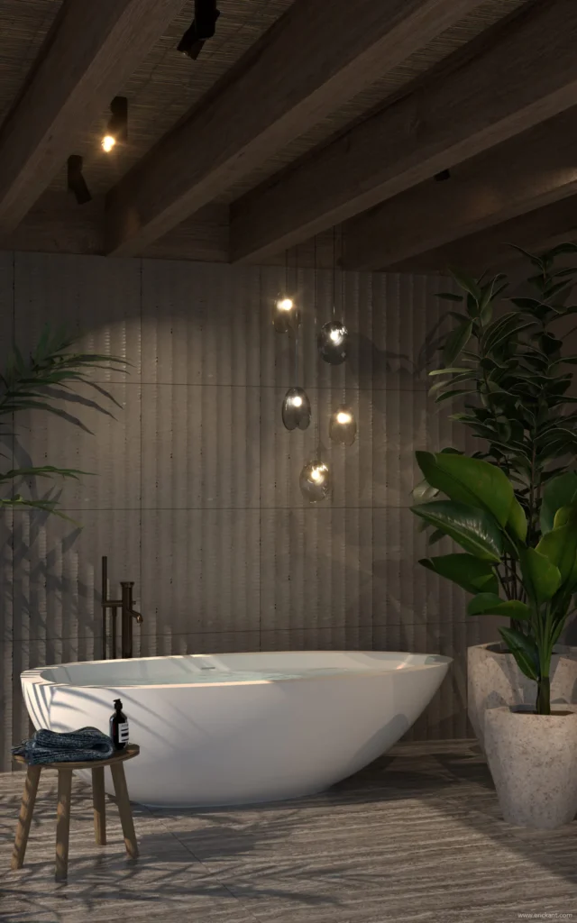 High-end badkamerinterieur van project Hillside Residence met een wit vrijstaand bad, robuust houten balkenplafond, sfeervolle hanglampen en grote kamerplanten door ERIC KANT.