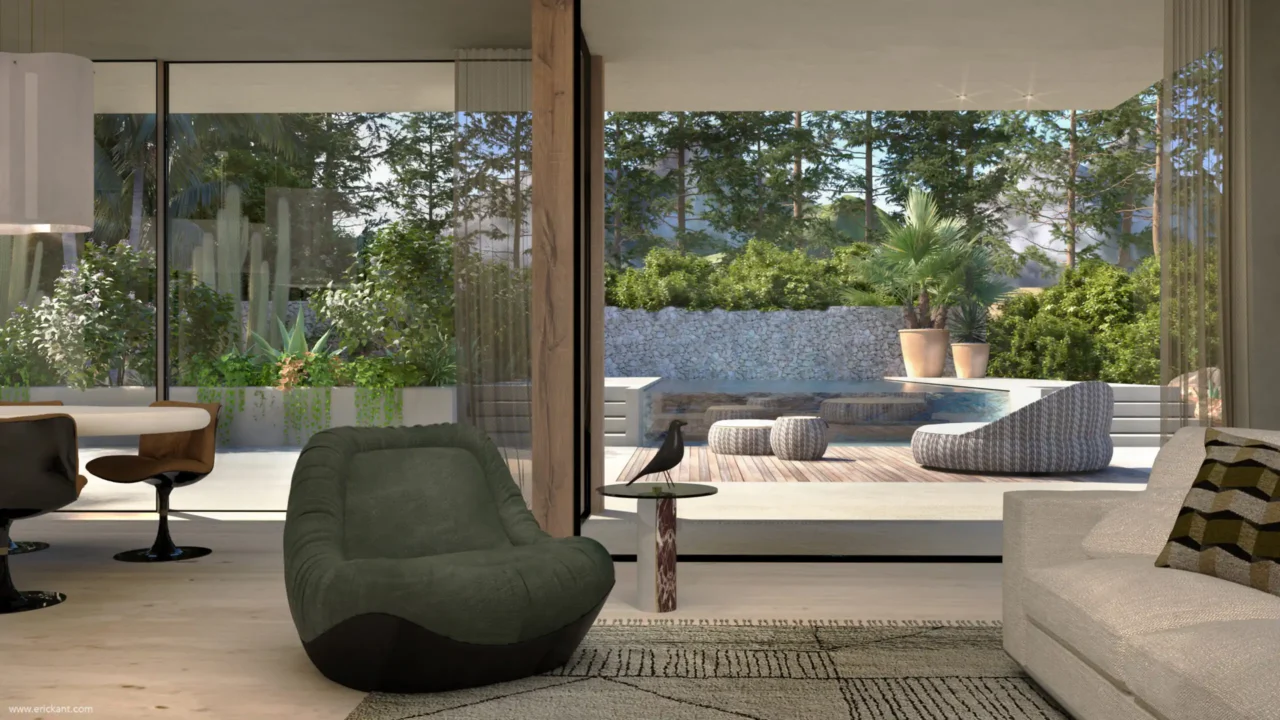 High-end woonkamerinterieur van project Hillside Residence met panoramisch uitzicht op het zwembad, designmeubilair, een groene fauteuil en een strak buitenterras door ERIC KANT.