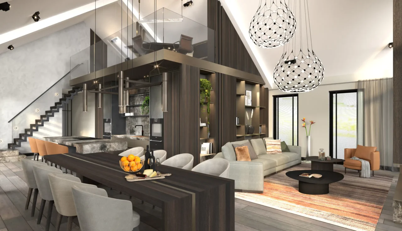 High-end interieur van Lakeside Penthouse met een grote houten eettafel, marmeren kookeiland, vide met glazen balustrade en een luxe zithoek door ERIC KANT.