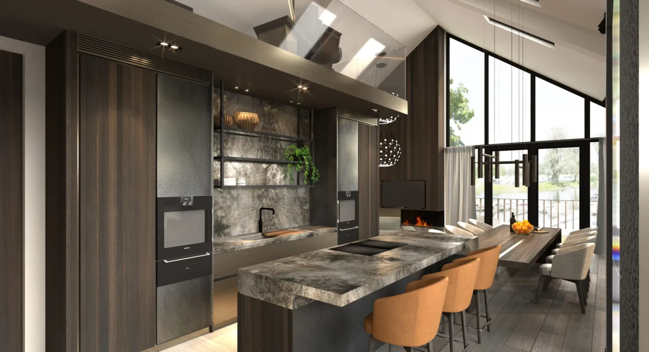 High-end keuken in project Lakeside Penthouse met een groot natuurstenen kookeiland, cognackleurige barkrukken en panoramisch uitzicht over het meer door ERIC KANT.