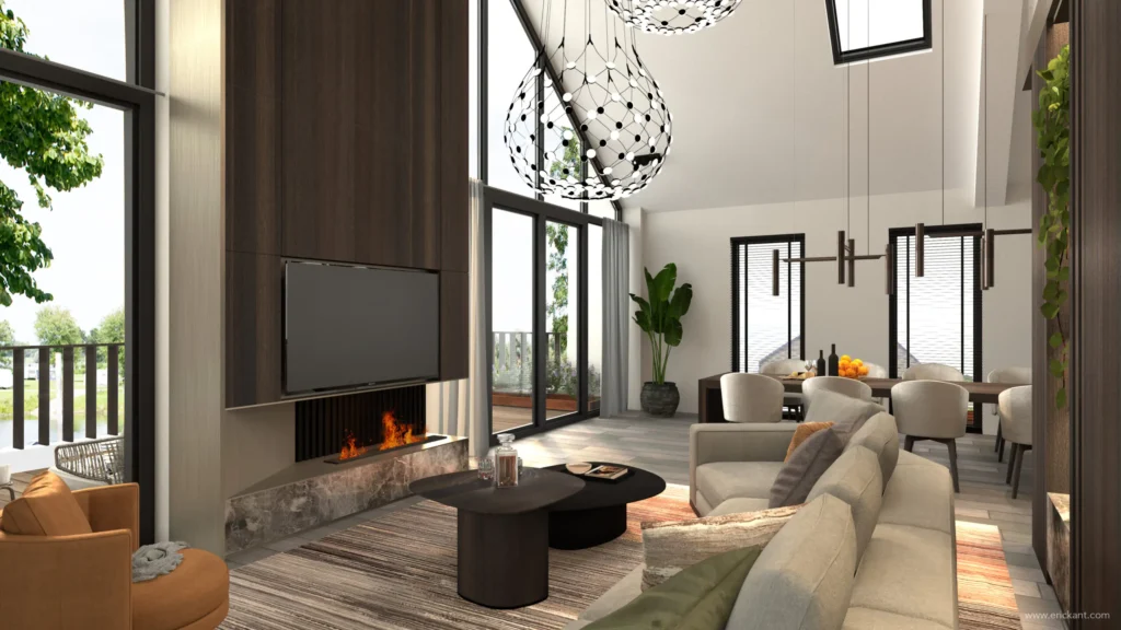 High-end woonkamer in project Lakeside Penthouse met een moderne haard, marmeren afwerking, grote raampartijen naar het terras en unieke designverlichting door ERIC KANT.