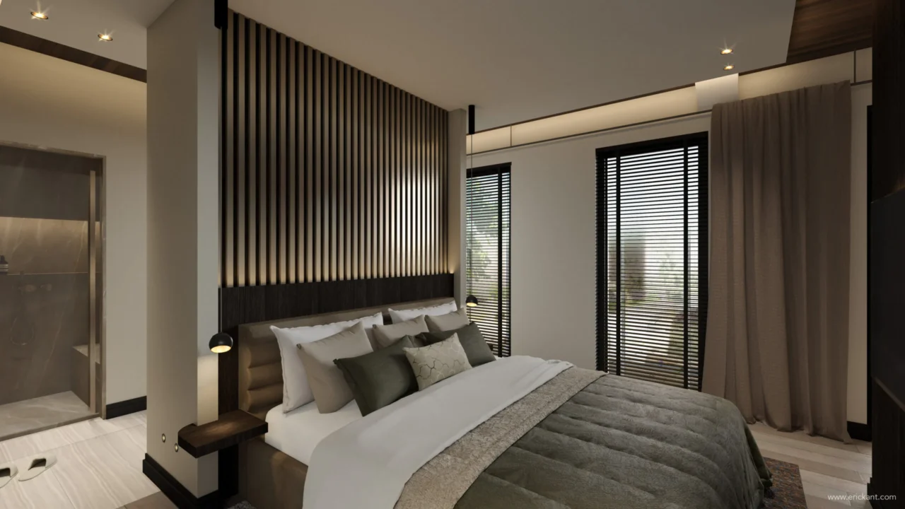 High-end slaapkamerinterieur in project Lakeside Penthouse met een verticaal houten lattenwand, indirecte verlichting, luxe beddengoed en doorkijk naar de inloopdouche door ERIC KANT.