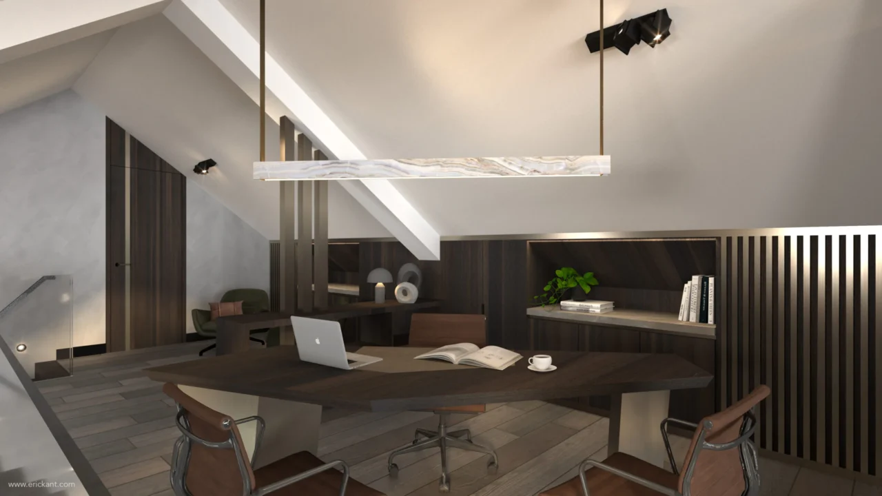 High-end thuiskantoor in project Lakeside Penthouse met een sculpturaal houten bureau, marmeren hanglamp, maatwerk kastenwanden en Eames-stijl bureaustoelen door ERIC KANT.