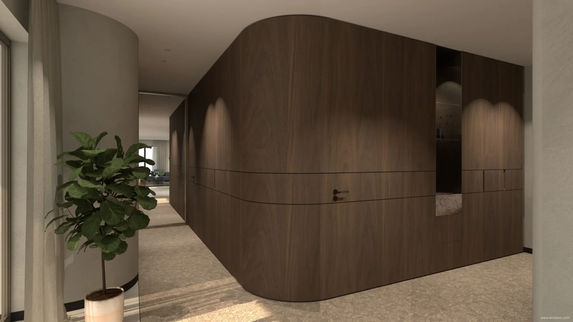 High-end entree in project Coastal Chic met een kamerhoge, ronde houten kastenwand, geïntegreerde verlichting en kiezelvloer door ERIC KANT.