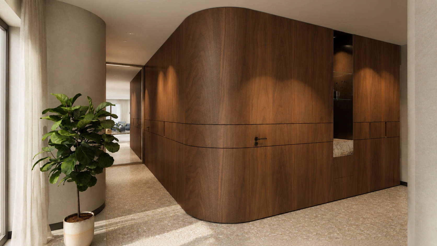 High-end entree in project Coastal Chic met een kamerhoge, ronde houten kastenwand, geïntegreerde verlichting en kiezelvloer door ERIC KANT.