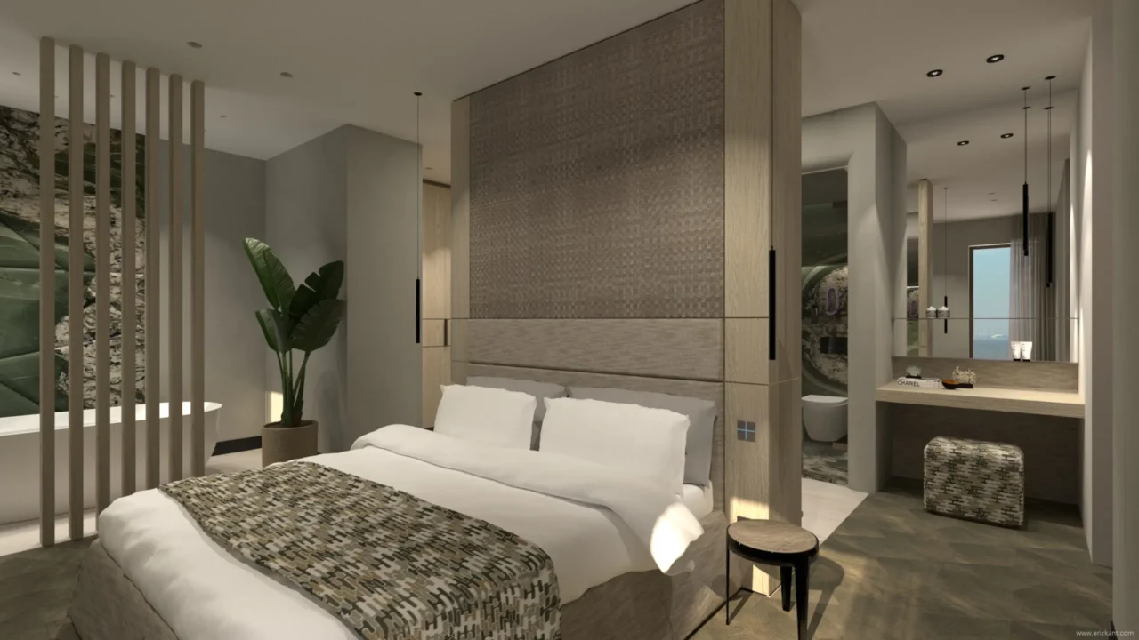 High-end master bedroom in project Coastal Chic met een op maat gemaakt hoofdbord, ensuite badkamer met vrijstaand bad en een verfijnde make-up hoek door ERIC KANT.