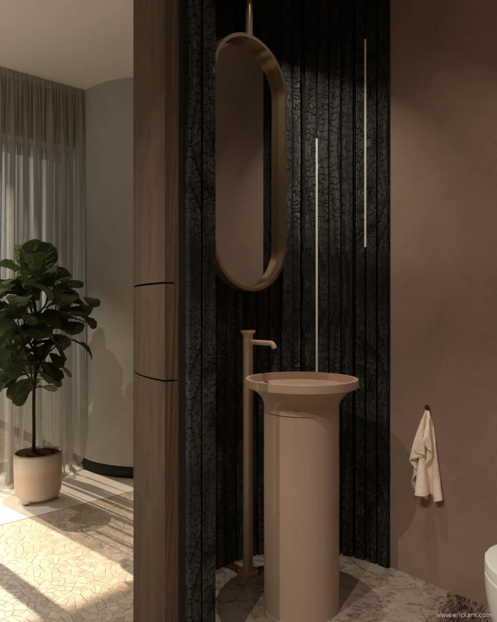 High-end toiletruimte in project Coastal Chic met een vrijstaande wastafelzuil, achterwand van zwart gebrand hout (Shou Sugi Ban) en een ovale hangende spiegel door ERIC KANT.