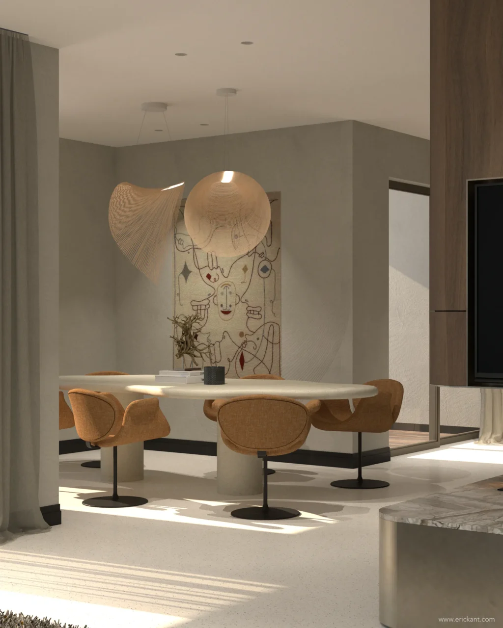 High-end eetkamer in project Coastal Chic met een maatwerk houten eettafel, ronde designlampen en een glazen wijnklimaatkast die doorkijk biedt naar de keuken door ERIC KANT.