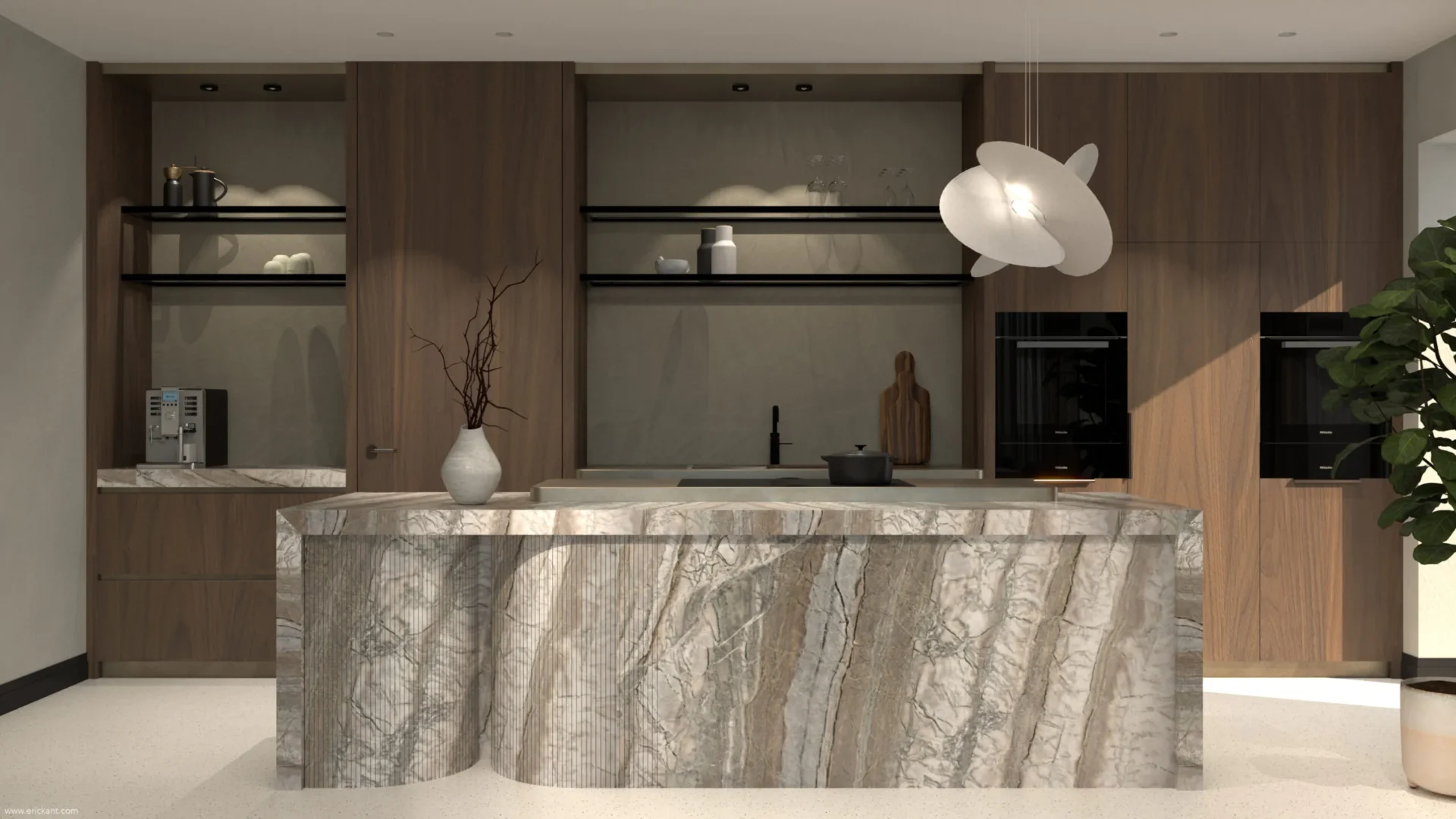 High-end woonkeuken in project Coastal Chic met een sculpturaal marmeren kookeiland, walnoothouten maatwerk kasten en een design hanglamp door ERIC KANT.