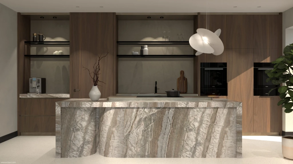 High-end woonkeuken in project Coastal Chic met een sculpturaal marmeren kookeiland, walnoothouten maatwerk kasten en een design hanglamp door ERIC KANT.