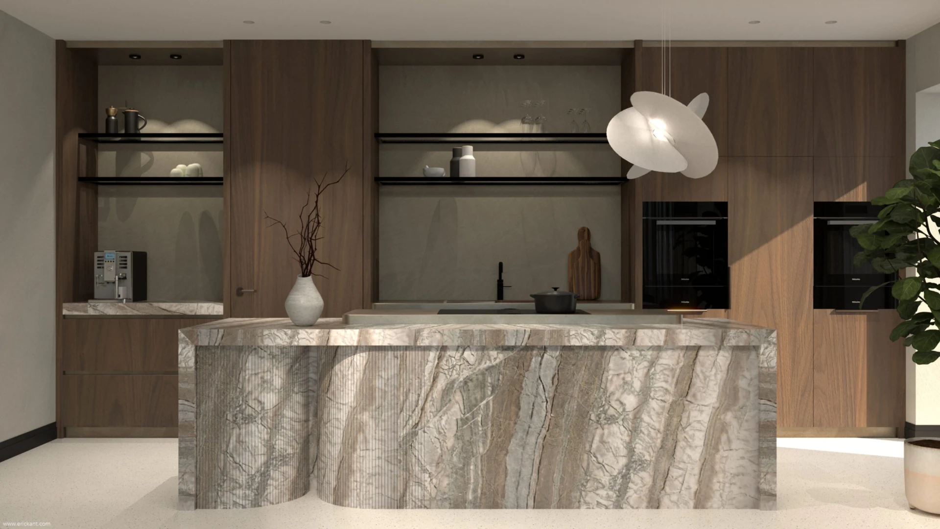 High-end woonkeuken in project Coastal Chic met een sculpturaal marmeren kookeiland, walnoothouten maatwerk kasten en een design hanglamp door ERIC KANT.
