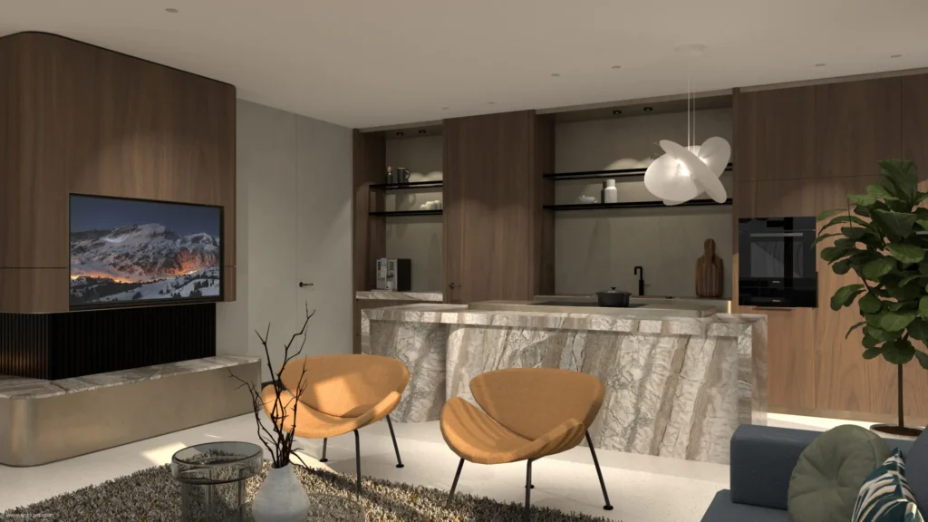 High-end open keuken in project Coastal Chic met een marmeren kookeiland, geïntegreerde TV-unit, moderne haard en design fauteuils door ERIC KANT.