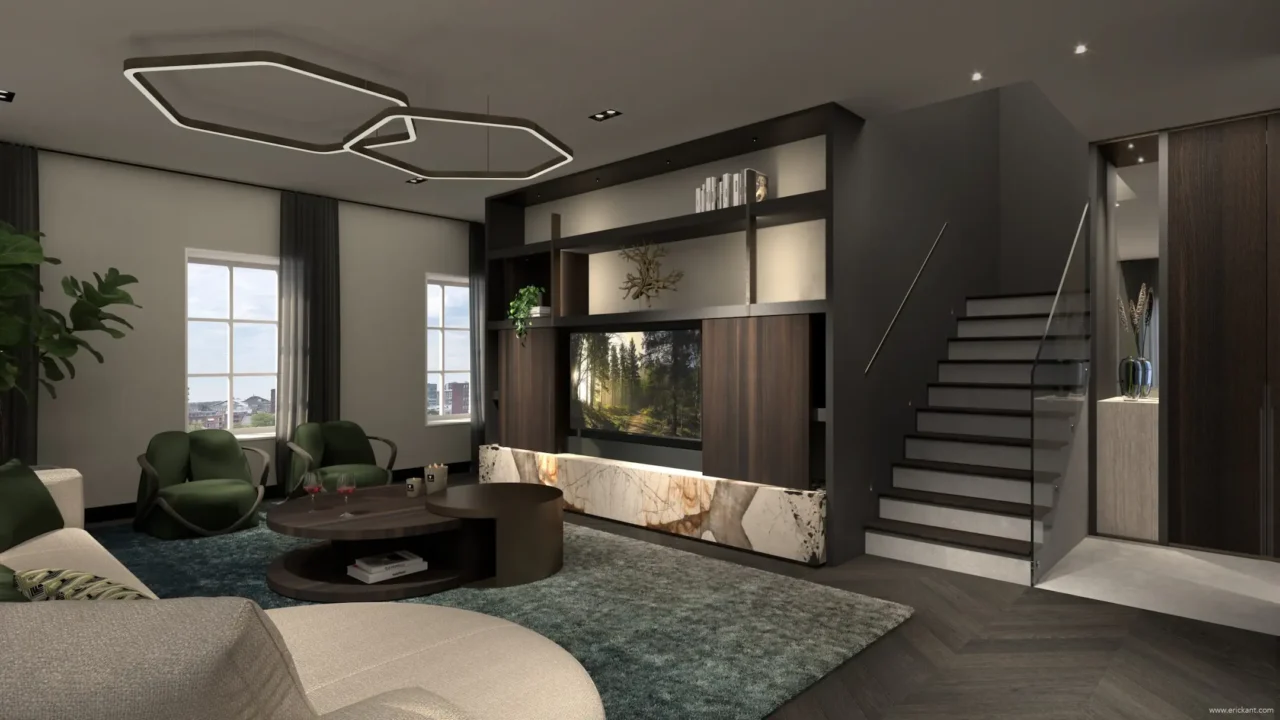 High-end living room in the City Loft Apartment project featuring a bespoke marble and wood wall unit, hexagonal design lamps, and herringbone flooring by ERIC KANT.