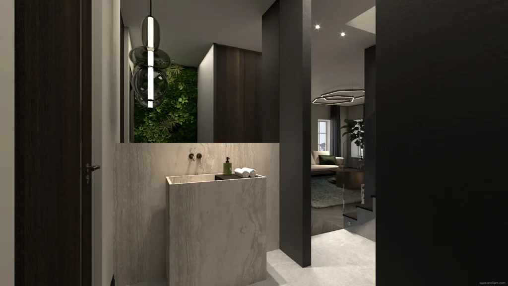 High-end toiletruimte in project City Loft Apartment met een op maat gemaakte travertijn wastafel, een hanglamp van glas en zicht op de woonkamer met een groene plantenwand door ERIC KANT.