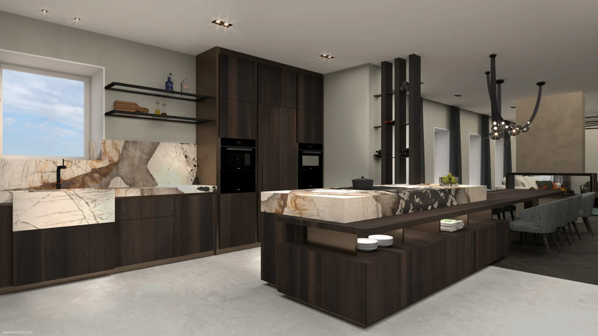 High-end woonkeuken in project City Loft Apartment met een monumentaal kookeiland in marmer, donker eiken maatwerk kasten en geïntegreerde eettafel door ERIC KANT.