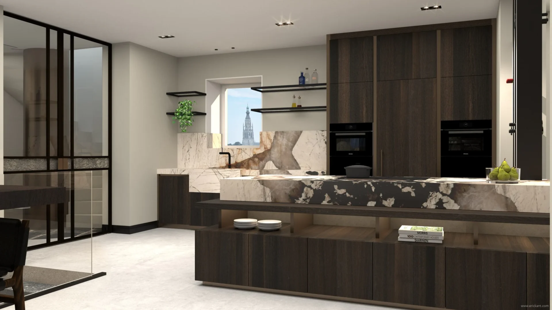 Luxe moderne keuken in project City Loft Apartment met een indrukwekkend marmeren kookeiland, donker eiken maatwerk kasten en uitzicht op de stad door ERIC KANT.