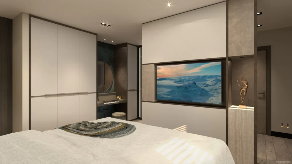 High-end slaapkamer in project City Loft Apartment met een op maat gemaakte kastenwand, geïntegreerde TV-unit en een verfijnde make-up hoek door ERIC KANT.