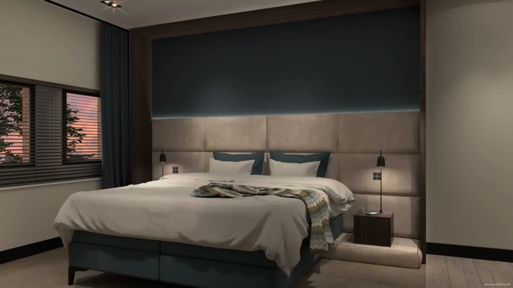 High-end slaapkamer in project City Loft Apartment met een oversized donker hoofdbord, houten vloer en industriële betonaccenten door ERIC KANT.