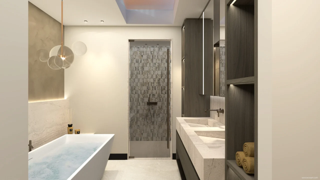 High-end bathroom in the City Loft Apartment project featuring a freestanding bathtub, travertine vanity, walk-in shower with mosaic tiles, and a designer pendant light by ERIC KANT.