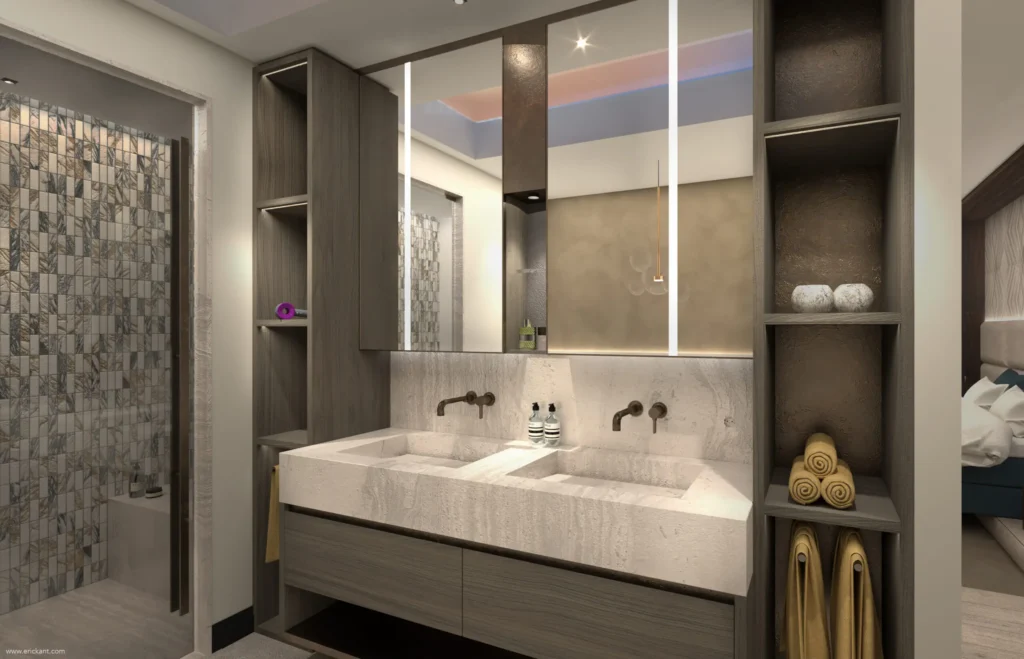 High-end bathroom in the City Loft Apartment project featuring a freestanding bathtub, travertine vanity, walk-in shower with mosaic tiles, and a designer pendant light by ERIC KANT.