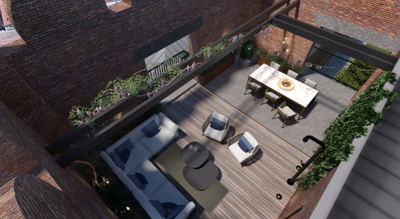 High-end dakterras in project City Loft Apartment met een houten vlonder, loungehoek, marmeren eettafel en een stalen pergola door ERIC KANT.