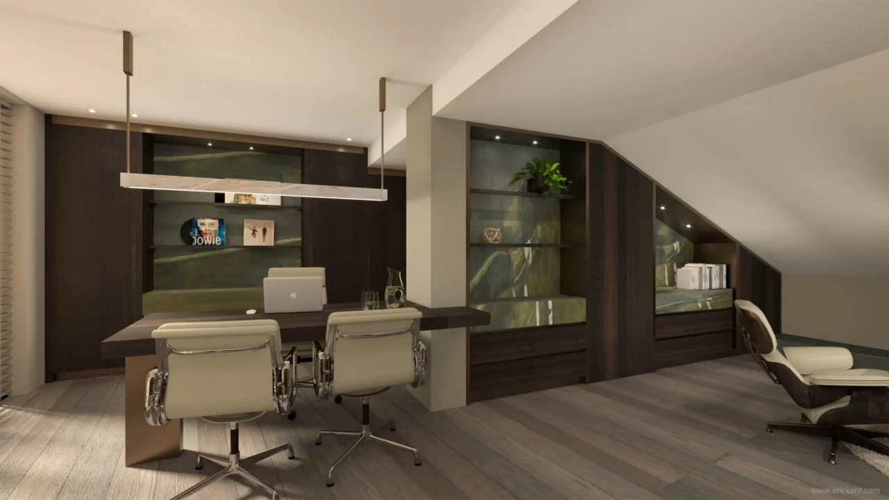 High-end thuiskantoor in project City Loft Apartment met donker houten maatwerk kasten, zwevend bureau, design bureaustoelen en groene marmeren accenten door ERIC KANT.