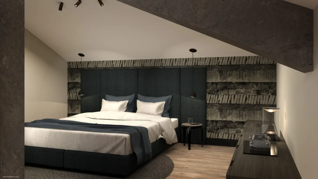 High-end slaapkamer in project City Loft Apartment met een oversized donker hoofdbord, houten vloer en industriële betonaccenten door ERIC KANT.