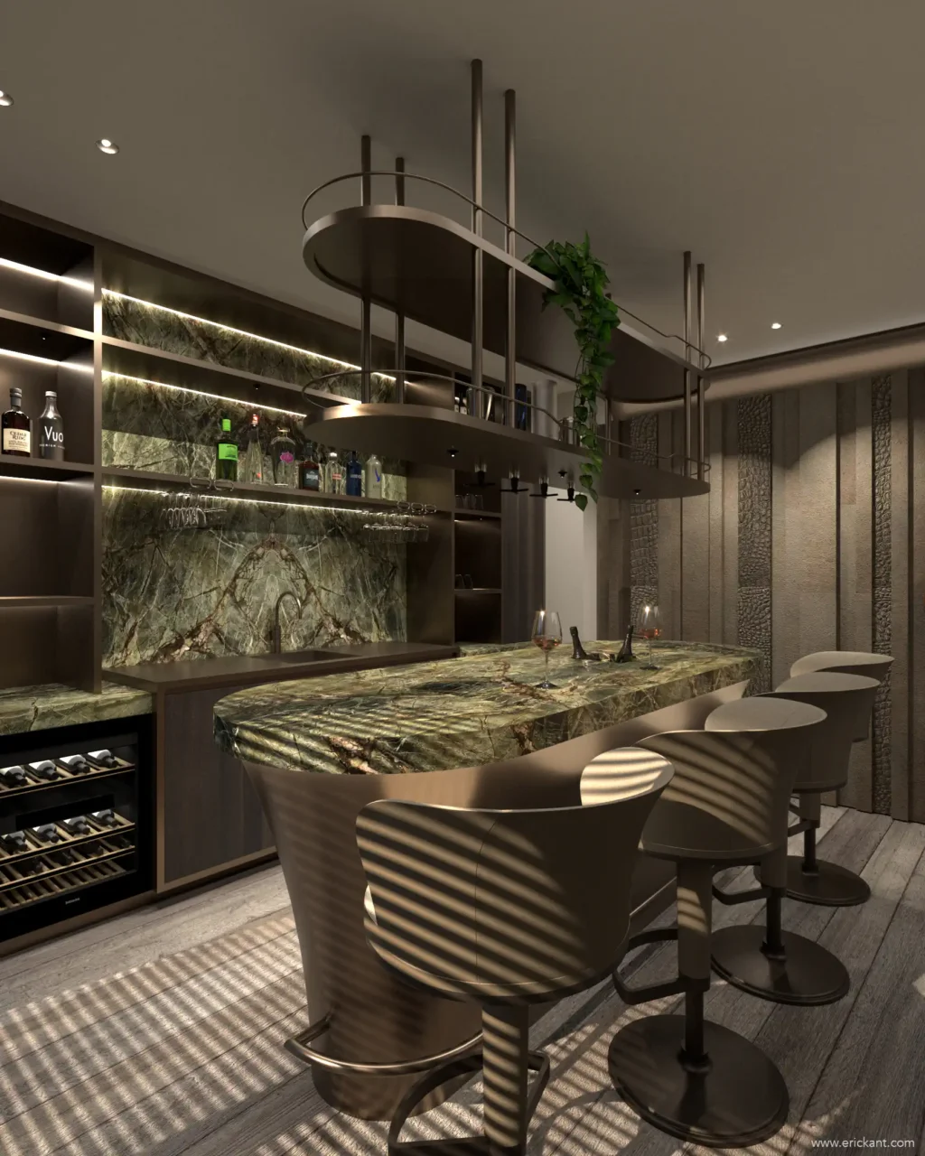 High-end privébar in project Luxury Apartment Living met een organisch gevormd marmeren barblad, bronzen details, een klimaatkast en tactiele wandafwerking door ERIC KANT.