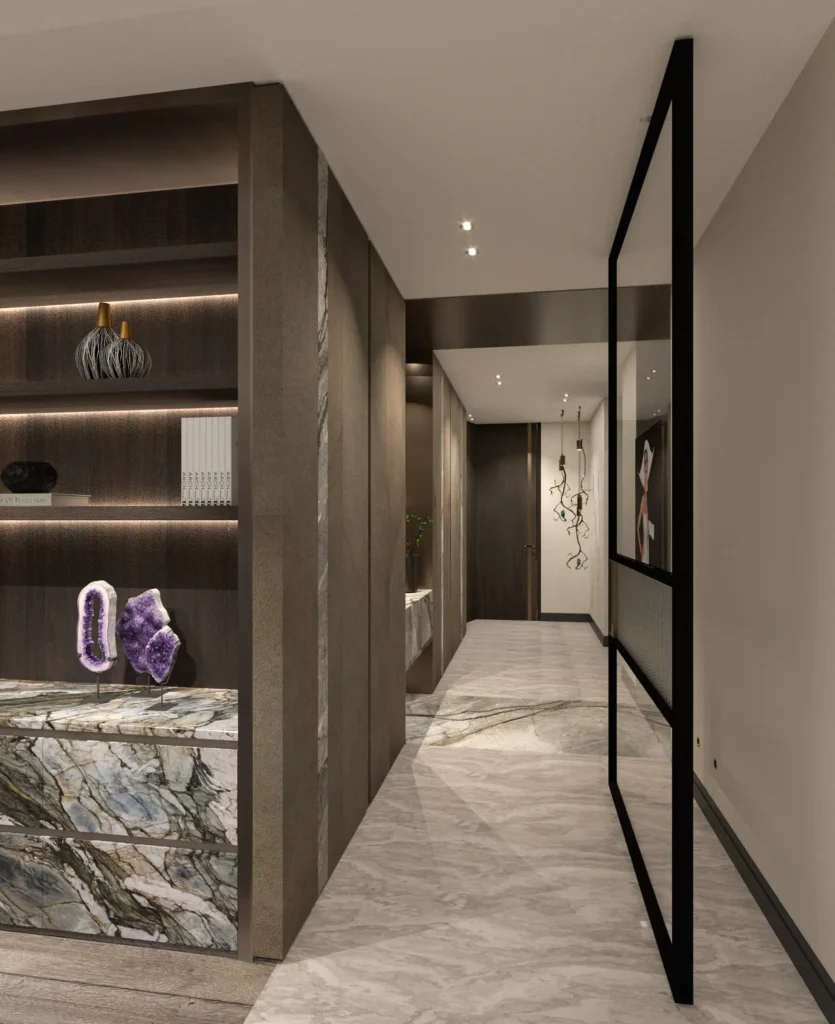 High-end entree van een luxe appartement in project Luxury Apartment Living met een geaderde marmeren vloer, maatwerk kastenwand van donker eiken en geïntegreerde vitrineverlichting door ERIC KANT.