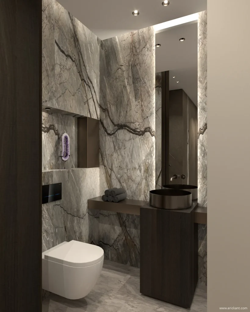 High-end toiletruimte in project Luxury Apartment Living met kamerhoge marmeren wanden, een zwevend toilet, bronskleurige waskom en maatwerk nissen door ERIC KANT.