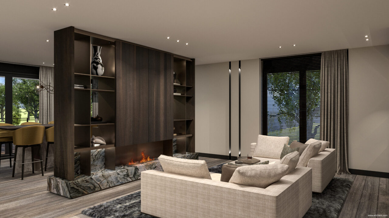 High-end interieur van project Luxury Apartment Living met een modulaire zandkleurige bank, donker houten maatwerk kast met open haard en marmeren plint door ERIC KANT.
