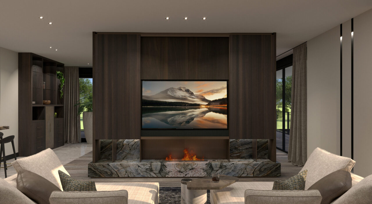 Frontaal aanzicht van een luxe TV-wand in project Luxury Apartment Living met donker houten maatwerk, een marmeren plateau met open haard en modulaire zitmeubels door ERIC KANT.