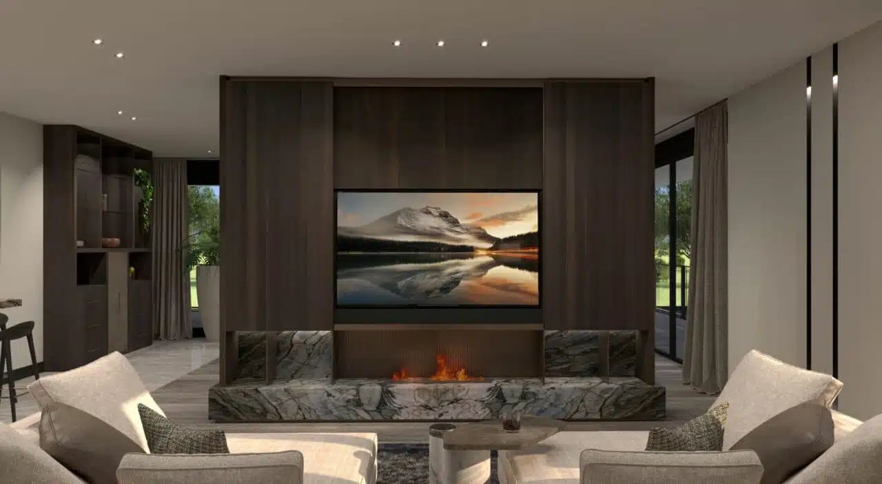 Frontaal aanzicht van een luxe TV-wand in project Luxury Apartment Living met donker houten maatwerk, een marmeren plateau met open haard en modulaire zitmeubels door ERIC KANT.