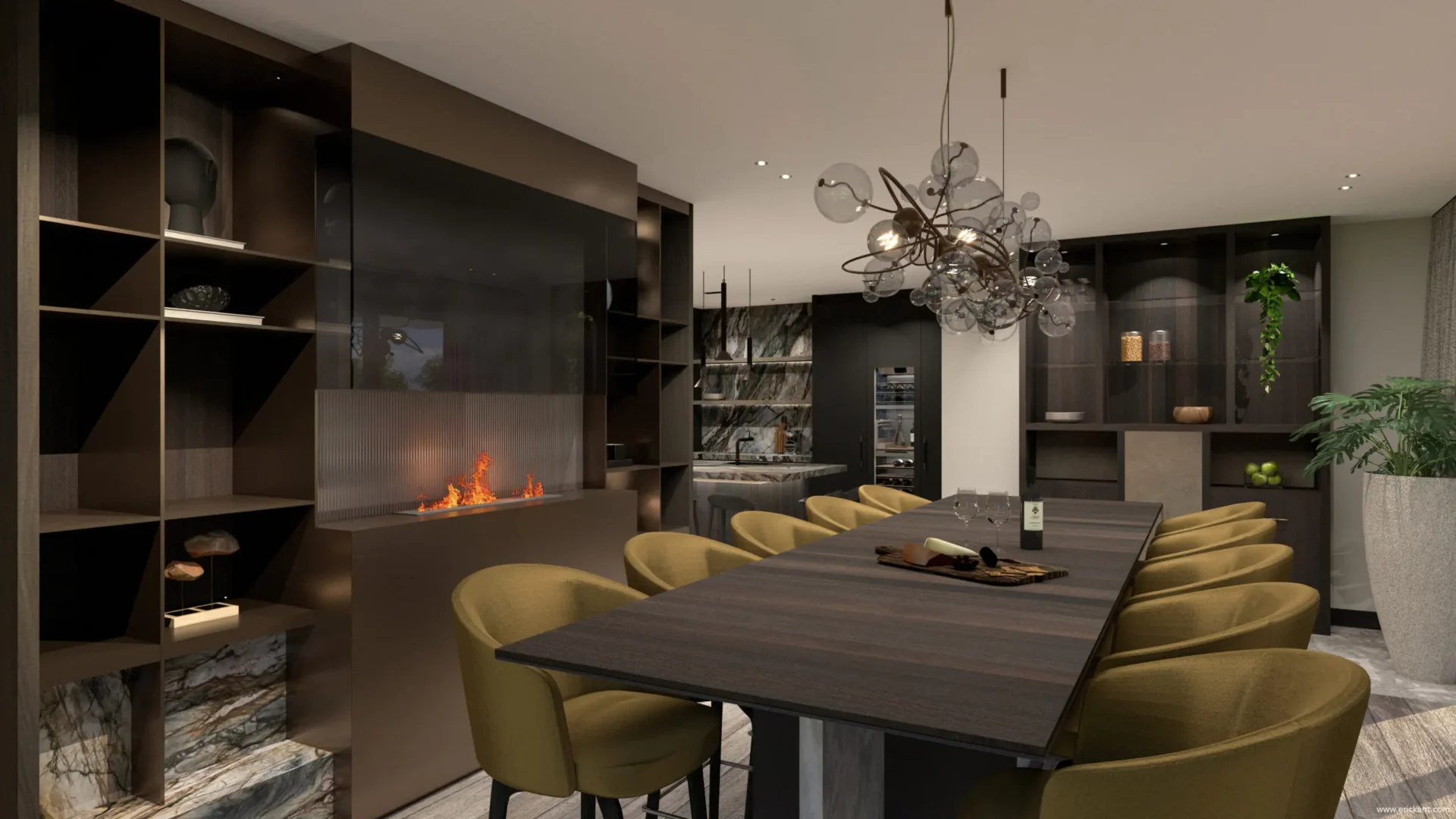 High-end eetkamer in project Luxury Apartment Living met een lange eikenhouten tafel, okergele designstoelen, een glazen bubble-lamp en een maatwerk wand met haard door ERIC KANT.