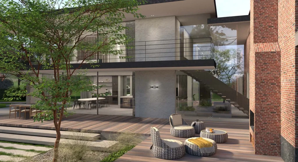 High-end architectuur van project Dutch Cape Villa met een groot houten terras, luxe loungehoek, buitenhaard en glazen puien door ERIC KANT.