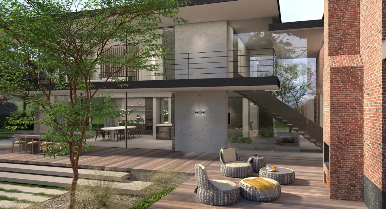 High-end architectuur van project Dutch Cape Villa met een groot houten terras, luxe loungehoek, buitenhaard en glazen puien door ERIC KANT.