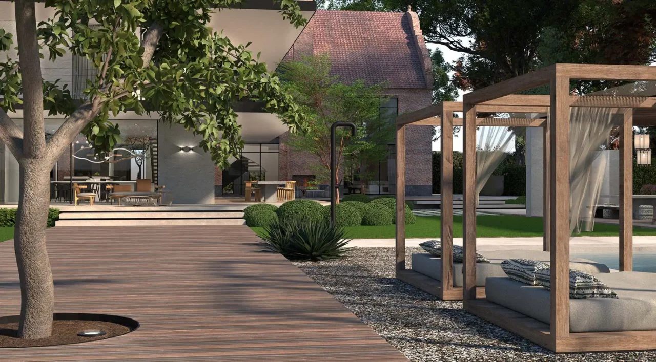 High-end tuinontwerp van project Dutch Cape Villa met luxe houten loungecabana's, een groot vlonderterras en de karakteristieke bakstenen topgevel door ERIC KANT.