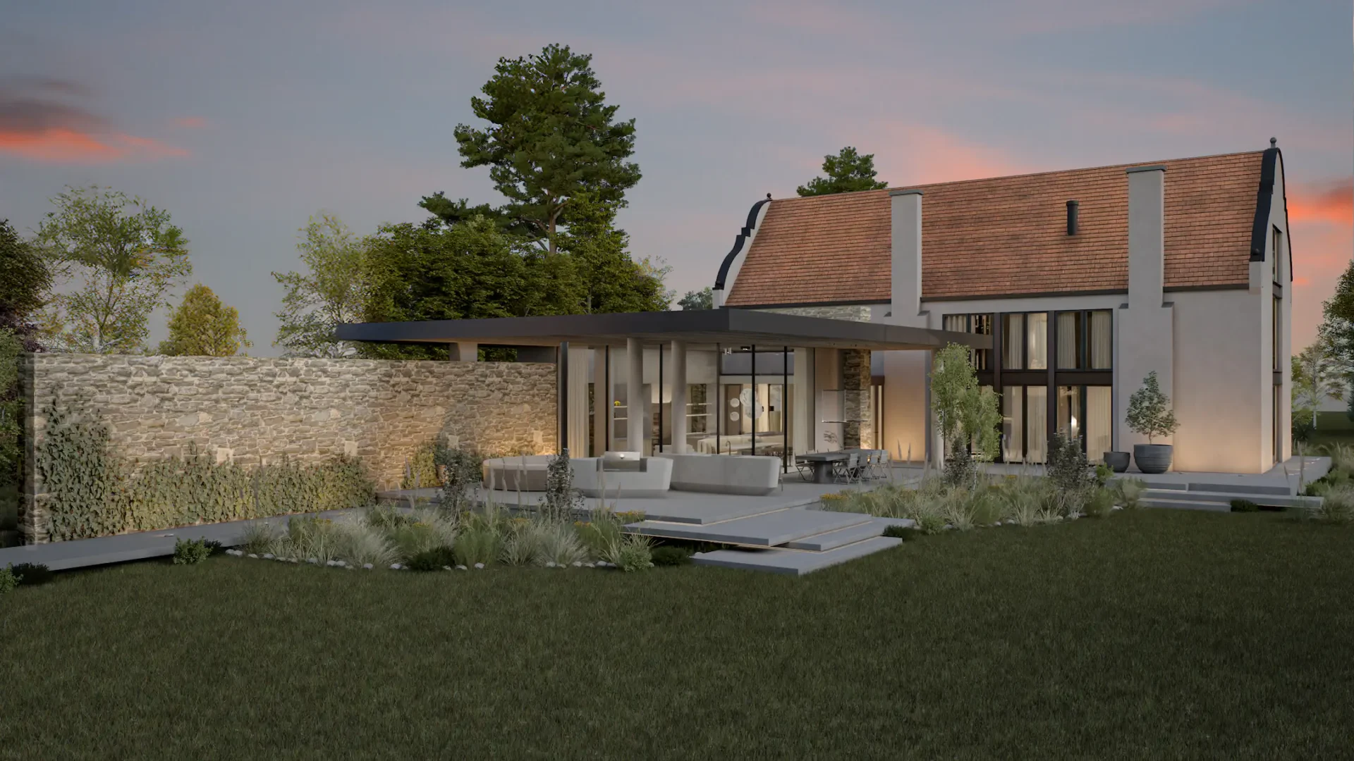 High-end achterzijde van project Dutch Cape Villa bij schemering met een grote natuurstenen tuinmuur, modern overdekt terras en verlichte glazen puien door ERIC KANT.
