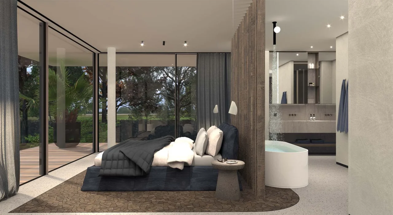 High-end master bedroom in project Dutch Cape Villa met een open badkamer, vrijstaand bad, houten roomdivider en kamerhoge glazen wanden door ERIC KANT.