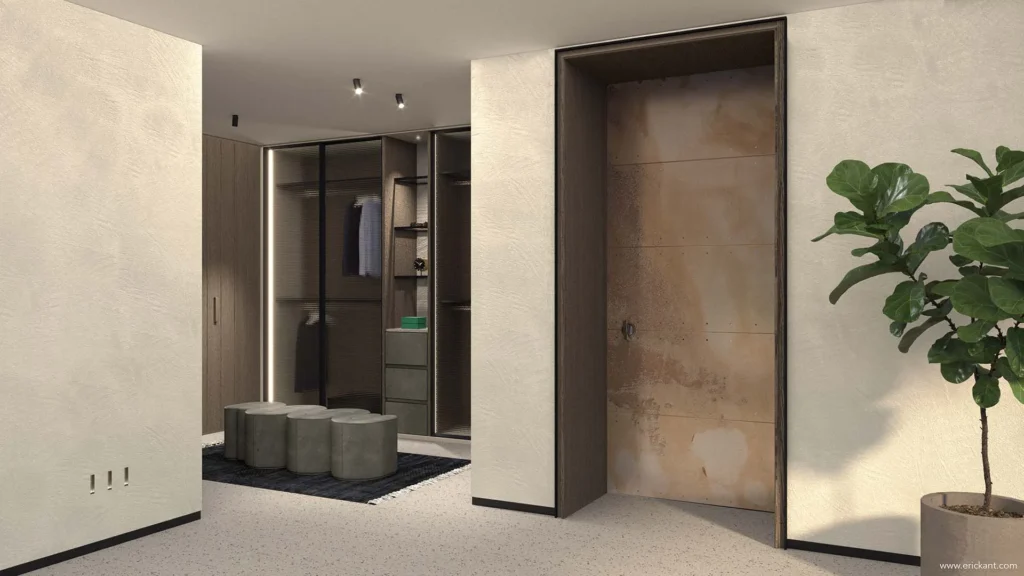 High-end dressing in project Dutch Cape Villa met glazen kasten, geïntegreerde led-verlichting, een bronskleurige taatsdeur en betonstuc wanden door ERIC KANT.