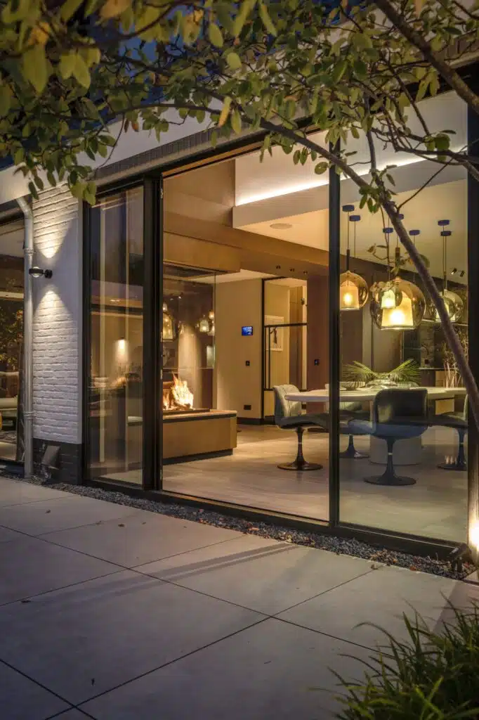 Avondzicht op de gevel van Villa Essenza door ERIC KANT met grote glazen schuifdeuren die zicht bieden op de verlichte eethoek, de designlampen en de brandende doorkijkhaard.