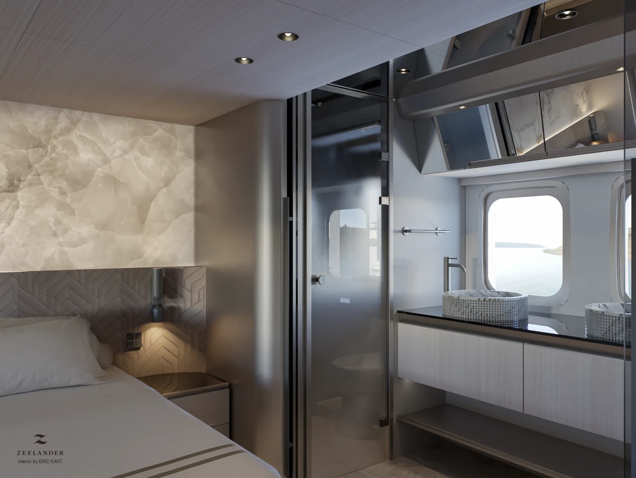 Luxe interieur van een Zeelander jacht ontworpen door Eric Kant, met een doorkijk van de master bedroom met onyx wand naar de moderne ensuite badkamer met zeezicht.
